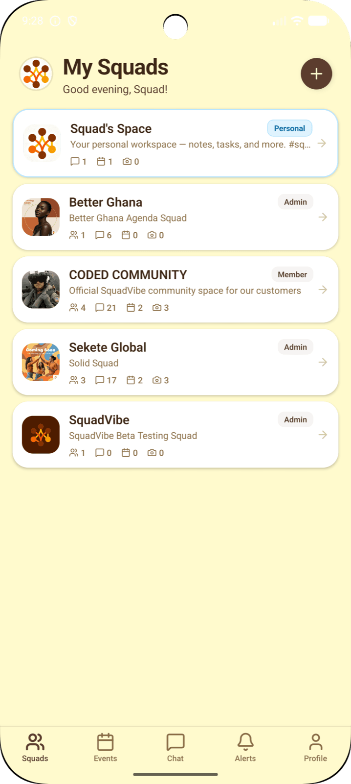 SquadVibe app — My Squads dashboard
